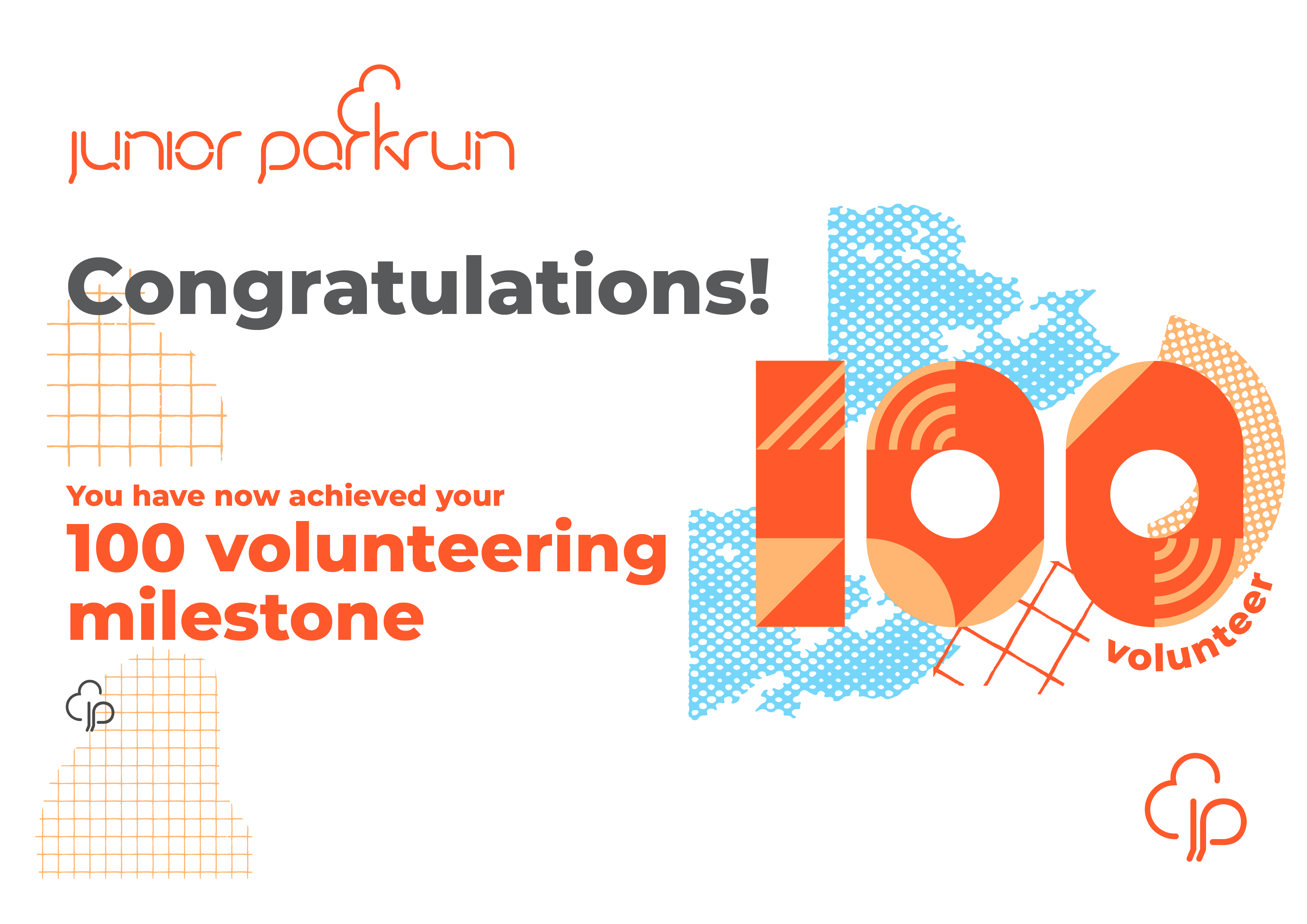 junior parkrun Volunteer Milestone 100 Certificate