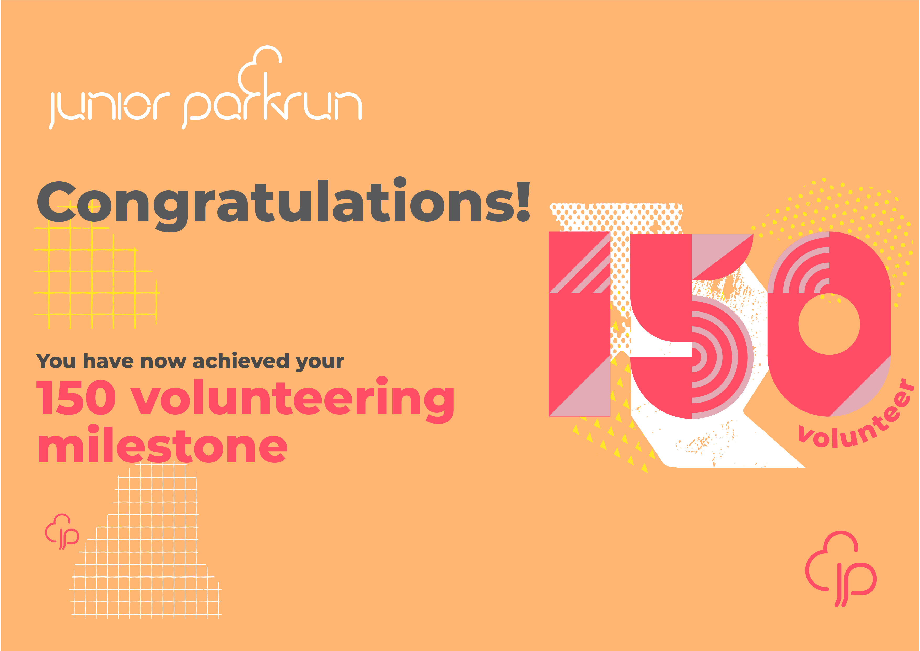junior parkrun Volunteer Milestone 150 Certificate