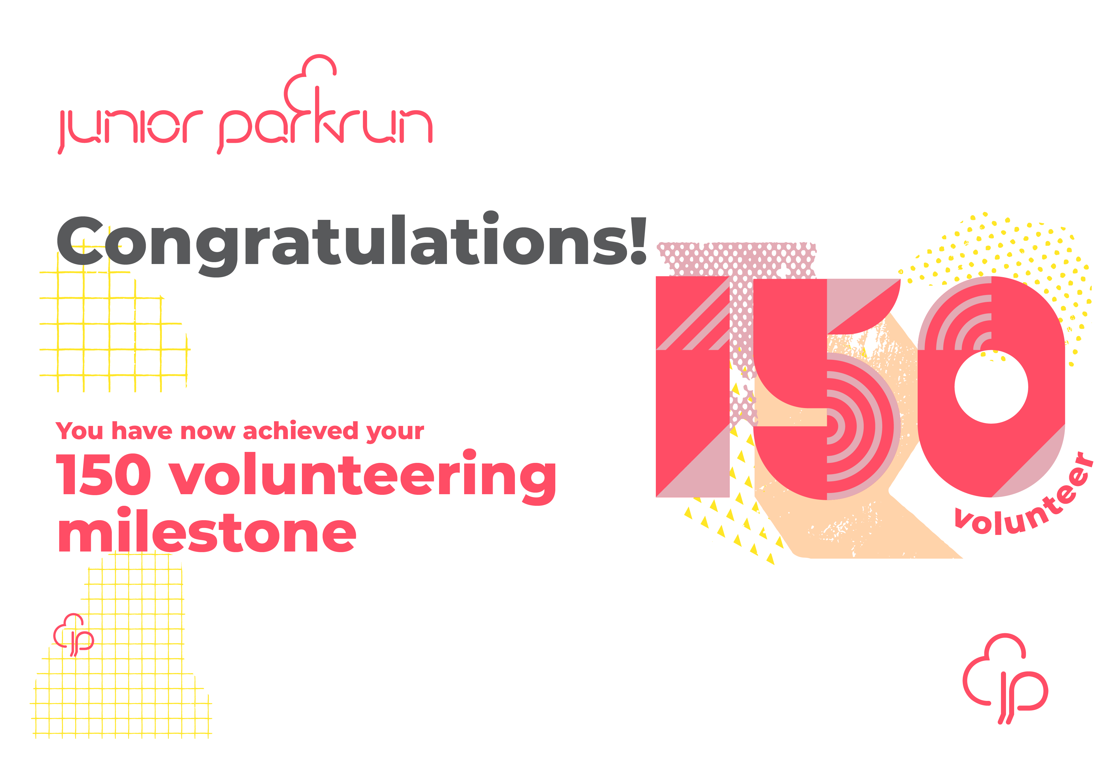junior parkrun Volunteer Milestone 150 Certificate