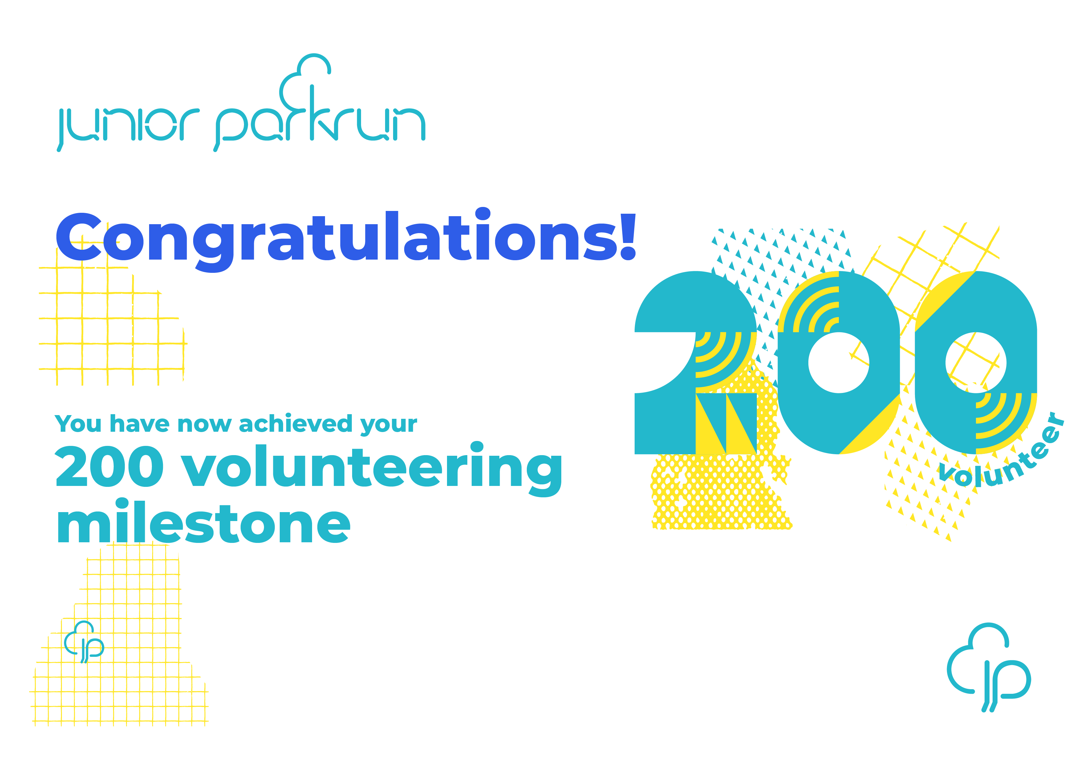 junior parkrun Volunteer Milestone 200 Certificate