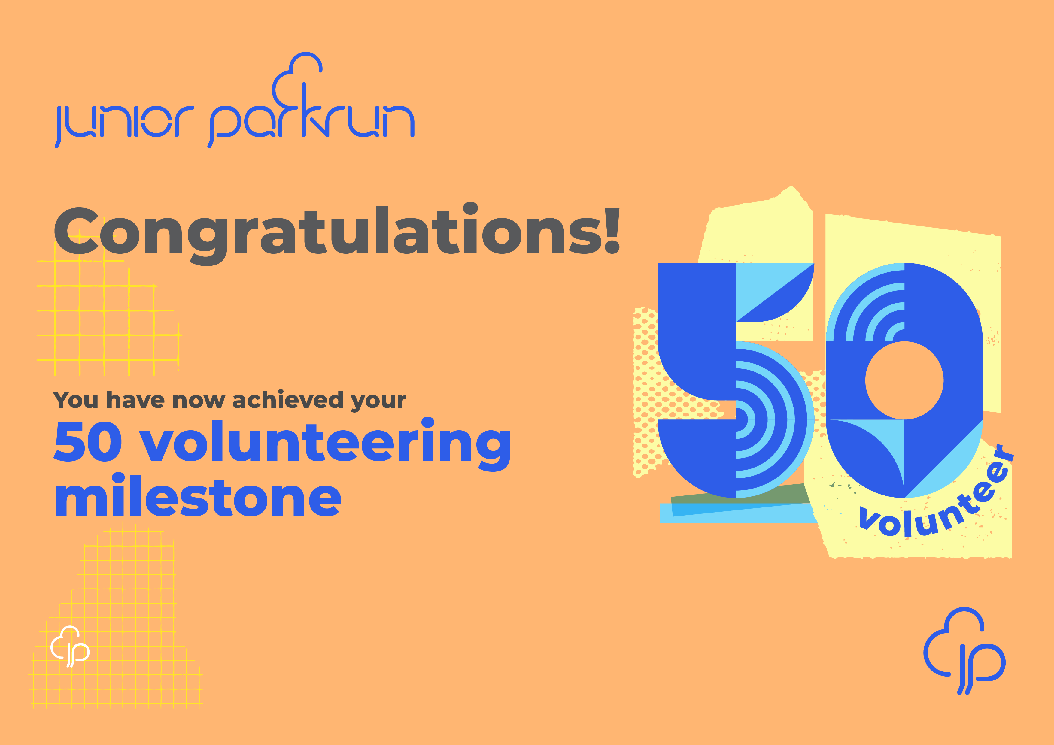 junior parkrun Volunteer Milestone 50 Certificate