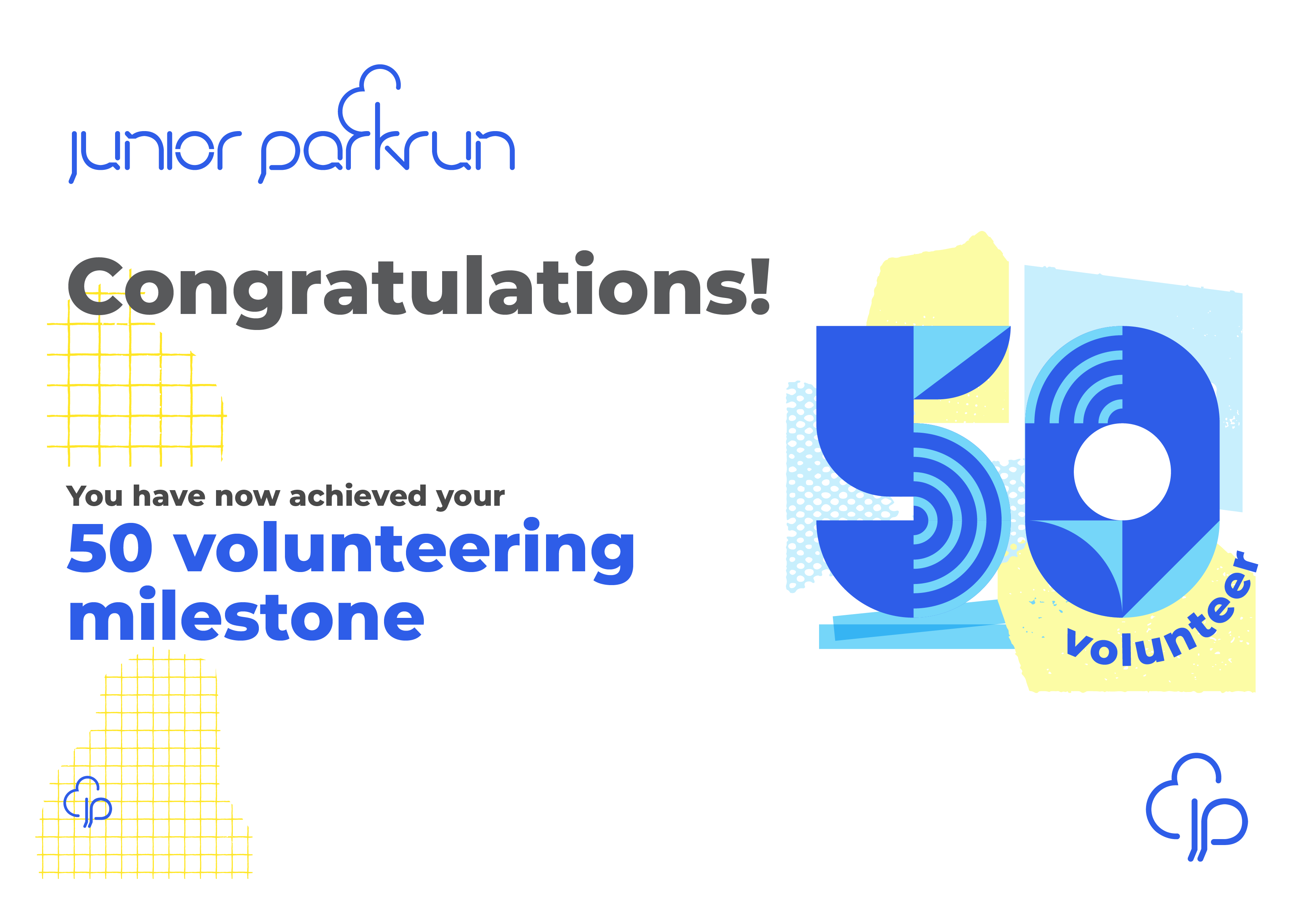 junior parkrun Volunteer Milestone 50 Certificate