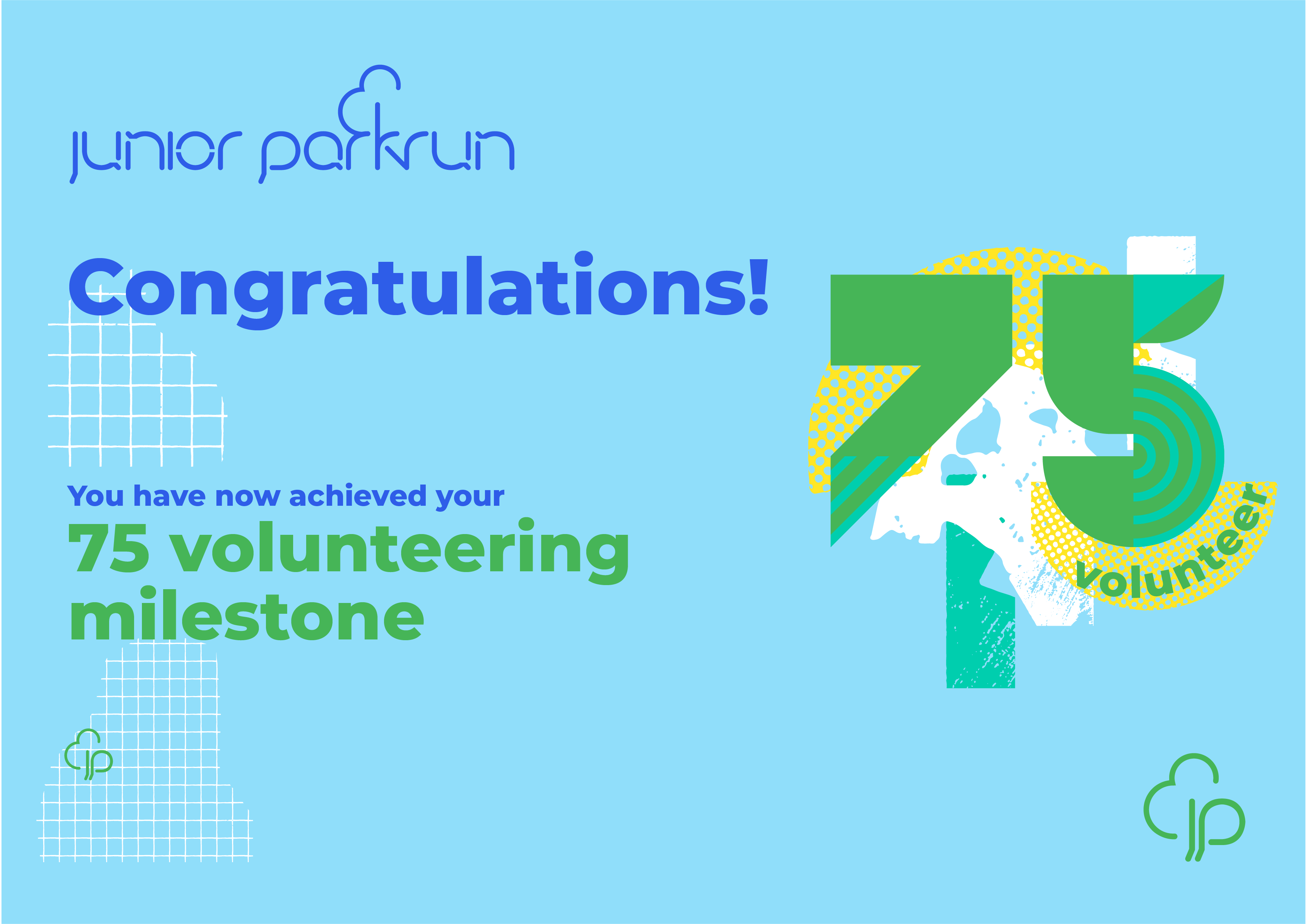 junior parkrun Volunteer Milestone 75 Certificate