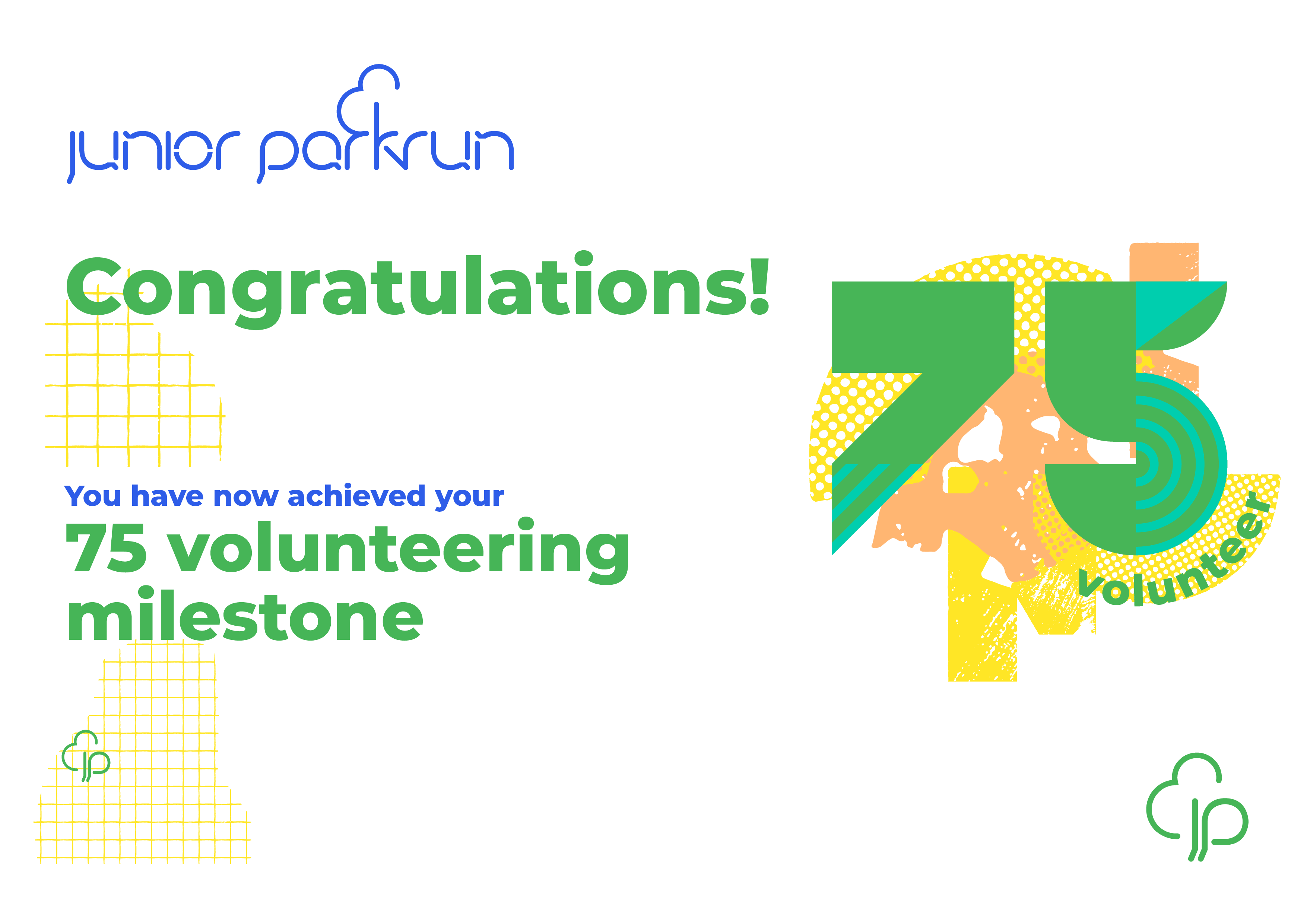 junior parkrun Volunteer Milestone 75 Certificate